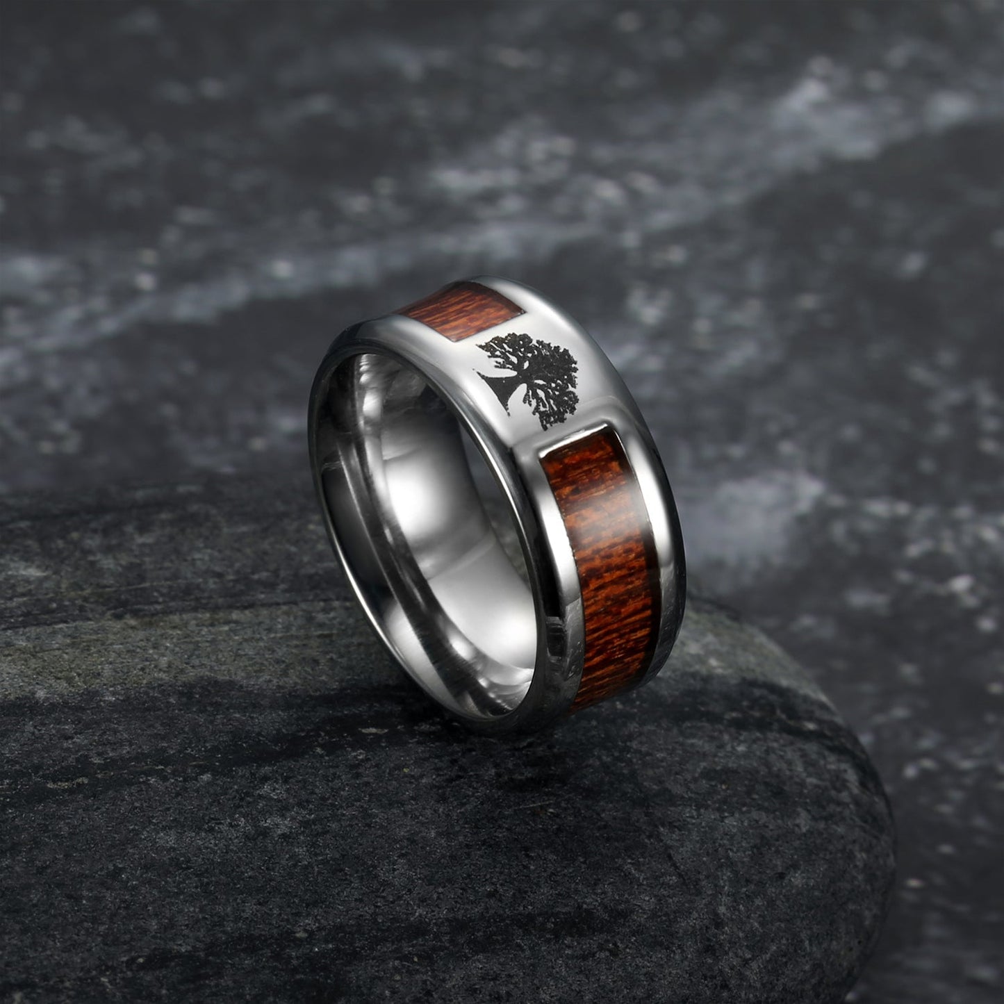 Handcrafted Stainless Steel Tree of Life / Yggdrasil and Wood Inlay Wedding Band