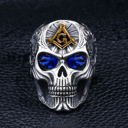 Blue Eye Skull Masonic Ring